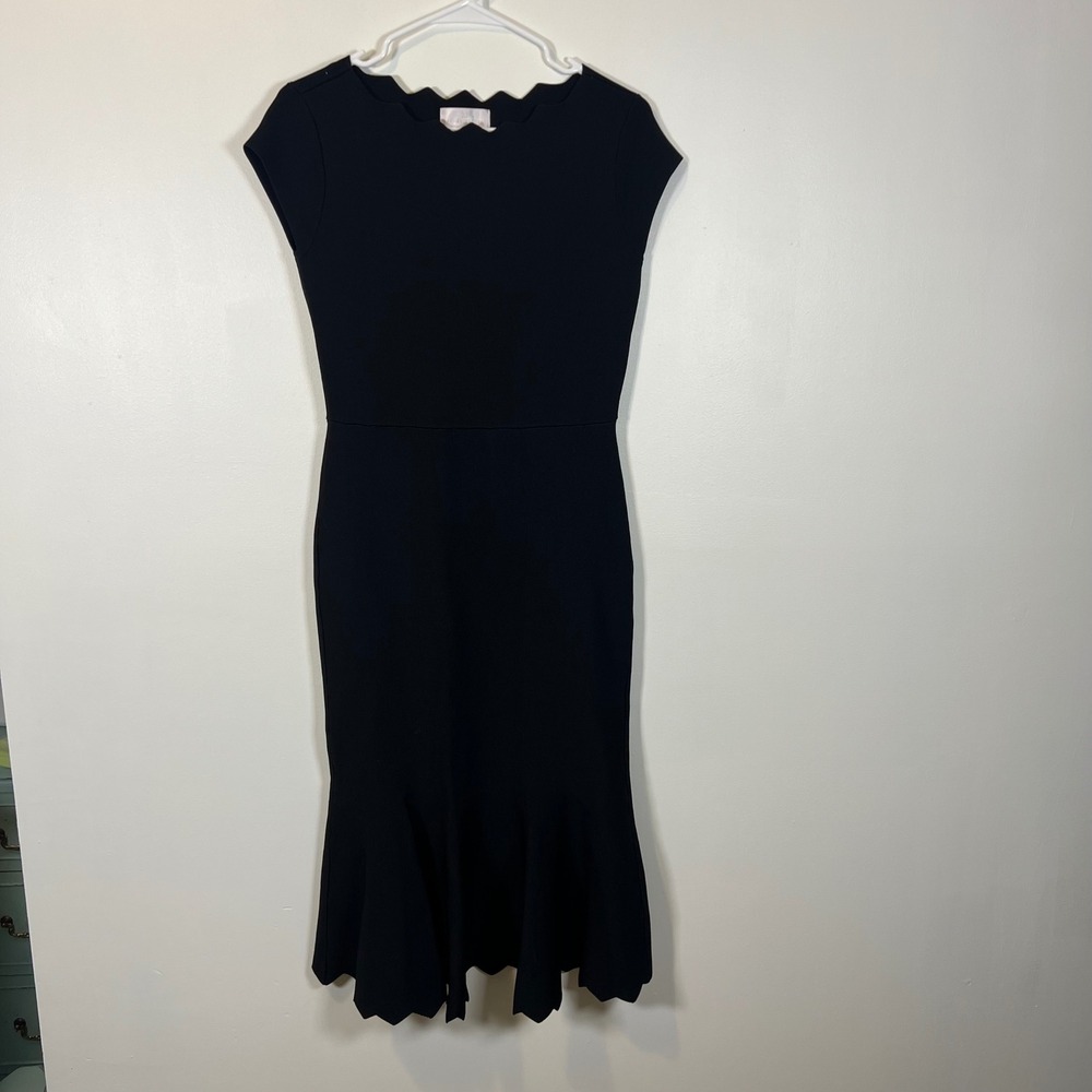Rachel Parcell Black Scalloped Neckline Knit Midi Dress Cap Sleeve Ruffle Hem M
